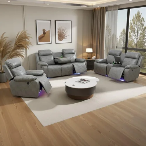 Vista 13 de Air Leather - Juego de sofá reclinable eléctrico con LED, juegos de muebles de sala de estar, juego de sofá reclinable eléctrico con puertos USB