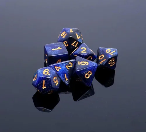 Vista 2 de DND - Juego de dados de nebulosa negra mezcla azul oscuro para Dungeon and Dragons D&D RPG juegos de rol, 7 dados poliédricos con bolsa de dados