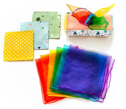 Vista 9 de Caja de pañuelos para bebé, juego Montessori para bebés y niños pequeños, caja texturizada sensorial con 12 bufandas coloridas a juego y 3 piezas
