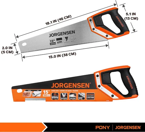 Vista 2 de JORGENSEN Sierra de mano profesional de 15 pulgadas, mango ergonómico de soldadura ultrasónica de aluminio antideslizante de corte fino 8 TPI