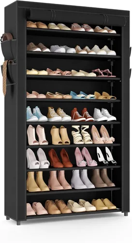 Vista 11 de Zapatero con cubierta, organizador de zapatos estrecho con 4 bolsillos laterales, estante alto de 10 niveles, almacenamiento para 18-22 pares
