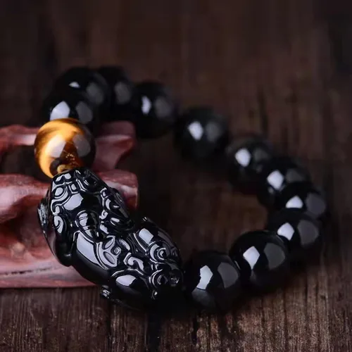 Vista 37 de Pulsera de obsidiana negra, pulsera de obsidiana negra Feng Shui para mujeres y hombres, pulsera elástica de obsidiana con piedra de ojo de tigre