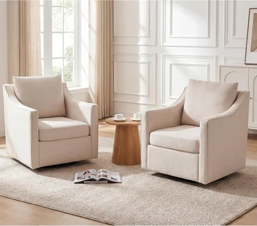 Vista 19 de ANJ Silla giratoria decorativa, silla de barril de terciopelo para sala de estar, cómodo sillón moderno, completamente montado (beige)
