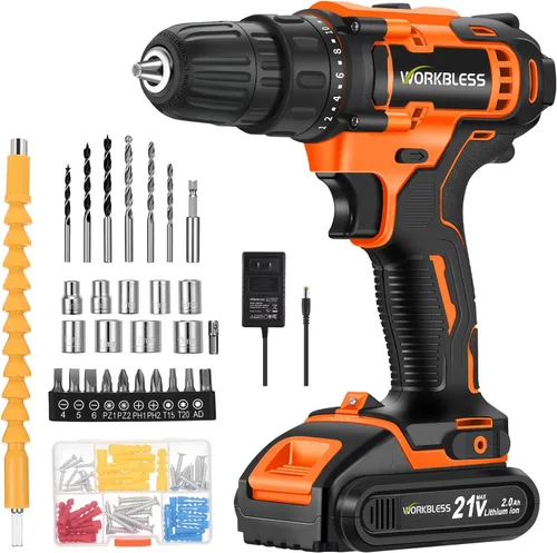 Vista 10 de WORKBLESS Juego de Taladro Eléctrico de 21V, Taladro Inalámbrico con Batería y Cargador, Portabrocas sin Llave de 3/8'', Velocidad Variable