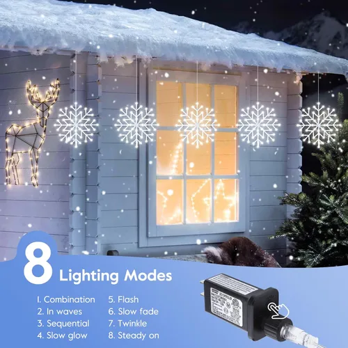Vista 3 de Luces de Navidad Brightown estilo carámbano para exterior - Enchufe de 3.2 m, 5 gotas, 240 LED, luz de ventana con forma de copo de nieve con 8
