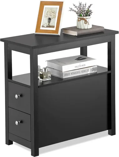 Vista 6 de Juego de 2 mesas auxiliares estrechas, mesa auxiliar rectangular con cajones y estante para sala de estar, muebles de mesa multifuncionales