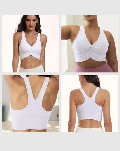 Vista 6 de Brasier deportivo fruncido con cuello en V para mujer, espalda cruzada, acolchado, para yoga, ropa deportiva que absorbe la humedad, corte bajo