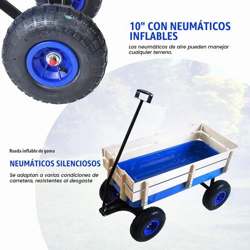 Vista 3 de Carro de carga de acero resistente con soporte lateral de madera con neumáticos todo terreno de 10", capacidad de arrastre de hasta 176lb, carro Azul
