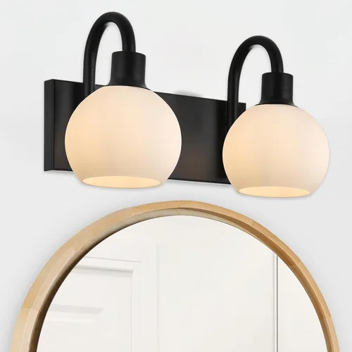 Vista 17 de Luz de tocador de baño con vidrio esmerilado en forma de globo de 2 luces, aplique de pared industrial negro para vestíbulo o pasillo