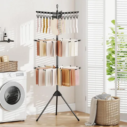 Vista 2 de GIANTEX - Trípode de secado de ropa de 70 pulgadas con 24 clips y 32 varillas, giratorio en 360° 3-Tier Freestanding Folding Laundry Drying Rack