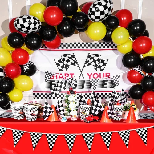 Vista 5 de Irenare 2 hojas de suministros para fiesta de cumpleaños de autos, decoraciones de fiesta de carreras, mantel de carretera, tapete de pista
