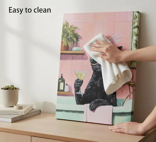 Vista 7 de Divertido lienzo de baño negro con diseño de gato negro para pared, póster de lindo gato en la bañera, pintura de animales caprichosos, imagen