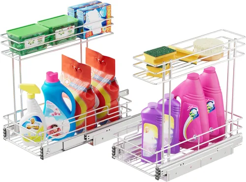 Vista 12 de Organizador de gabinete extraíble de 2 niveles para debajo del fregadero, cesta de estante de alambre deslizante para gabinetes de base de cocina, 9