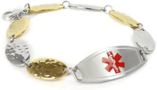 Vista 8 de Womens Medical ID Bracelet with Custom Engraving - 1.5cm Gold Tone Steel Petals