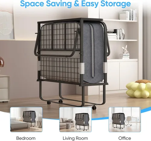Vista 8 de Mjkone Cama plegable con colchón, cama rodante para adultos con cabecero y bolsa antipolvo, cama plegable portátil de 5 pulgadas para huéspedes
