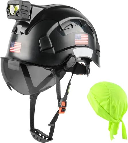 Vista 14 de GREEN DEVIL Casco de seguridad con luz recargable para faros delanteros y forro para casco, correa para barbilla, para hombre, ventilada