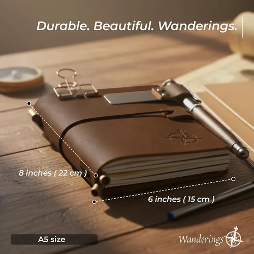Vista 4 de WANDERINGS Cuaderno A5 Travelers hecho a mano, de cuero auténtico, 6 x 8.5 pulgadas, diario de viaje recargable con soporte para bolígrafo