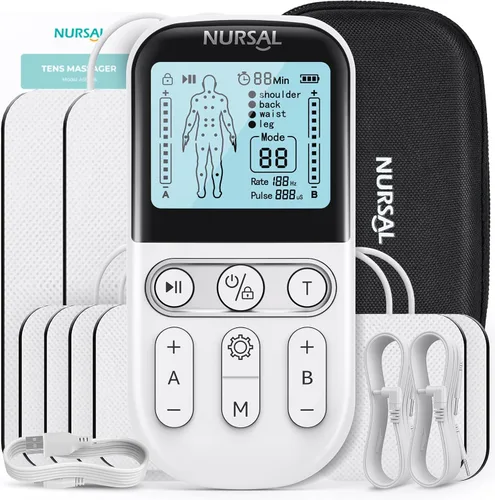 Vista 9 de NURSAL Unidad TENS Estimulador Muscular para Terapia de Alivio del Dolor, Máquina TENS de Doble Canal 3 en 1 con Estuche de Viaje EVA, 24 Modos