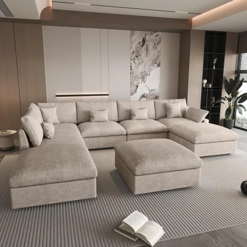 Vista 38 de WJShome Sofá Seccional Cloud Couch de 83 pulgadas para sala de estar, sofá seccional modular relleno de plumón, sofás en forma de L con otomana
