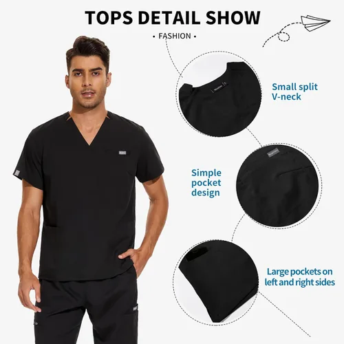 Vista 3 de VIAOLI Conjunto de ropa quirúrgica para hombre con cuello en V y pantalón deportivo de 8 bolsillos para enfermería, conjuntos de uniformes médicos