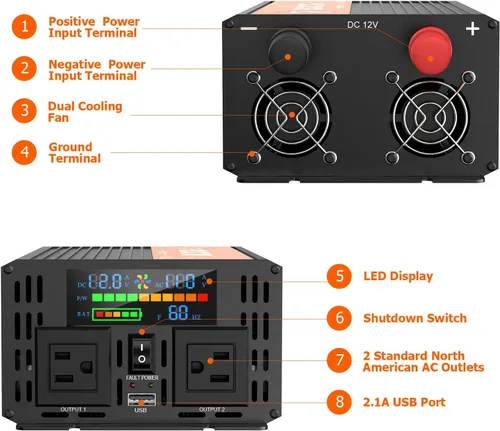 Vista 4 de Inversor de potencia de 2000 vatios, convertidor de 12 V CC a 110 V CA para automóvil/exterior, con pantalla LED, dos tomas de CA, puerto USB, dos