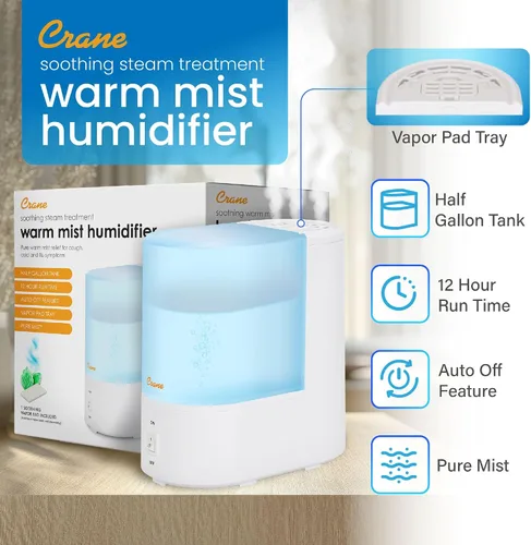 Vista 4 de Crane Humidificador de niebla cálida, humidificador pequeño para dormitorio, oficina, bandeja de almohadilla de vapor, humidificadores de niebla