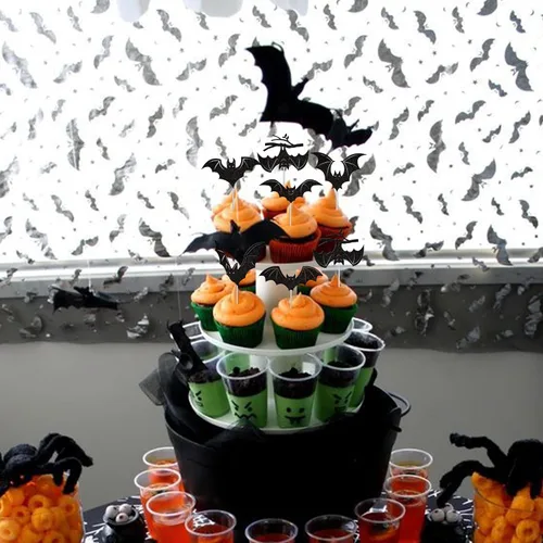 Vista 7 de 30 piezas de decoración de murciélagos de Halloween para cupcakes de murciélago con purpurina negra para Halloween, decoración de pasteles de Negro