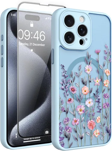 Vista 187 de Magnético para iPhone 13 con protector de pantalla [Compatible con MagSafe] Diseño de patrón floral de flores bonitas, funda delgada a prueba