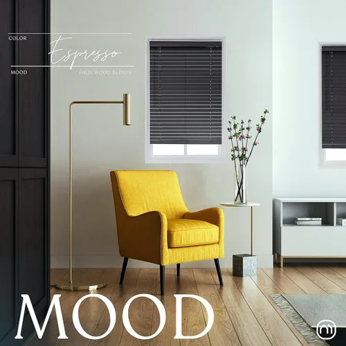 Vista 3 de MOOD Persianas arquitectónicas de madera sintética para ventana, color marrón oscuro de 2 pulgadas, persianas de madera Expresso de 18 pulgadas