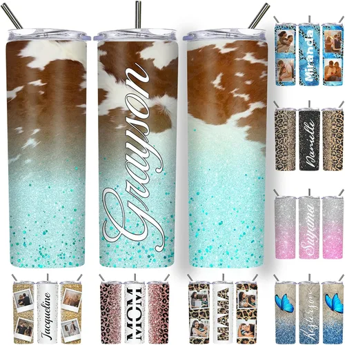 Vista 24 de Vaso delgado personalizado con purpurina con tapas y popotes, nombres, vasos de acero inoxidable personalizados con imagen para mujeres, hombres