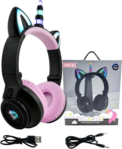 Vista 8 de Auriculares de unicornio para niñas, auriculares Bluetooth de unicornio para niños pequeños, portátil, teléfonos celulares, uso en avión Negro