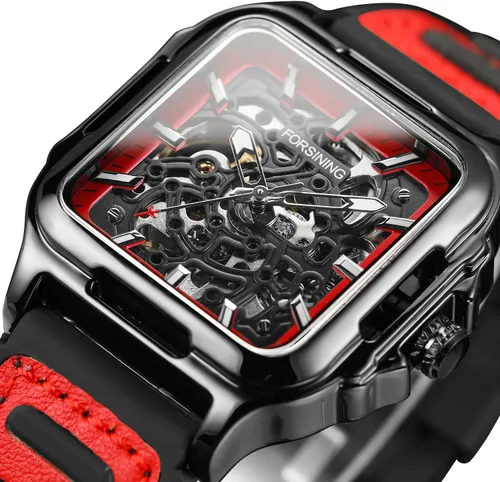 Vista 8 de FORSINING Reloj de pulsera con diseño de esqueleto impermeable para hombre, automático, steampunk, correa de silicona, luminoso cuadrado