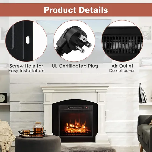 Vista 8 de Insertos de chimenea eléctrica de 18 pulgadas, calentador de chimenea empotrado de 1400 W con control remoto, temperatura ajustable y efectos
