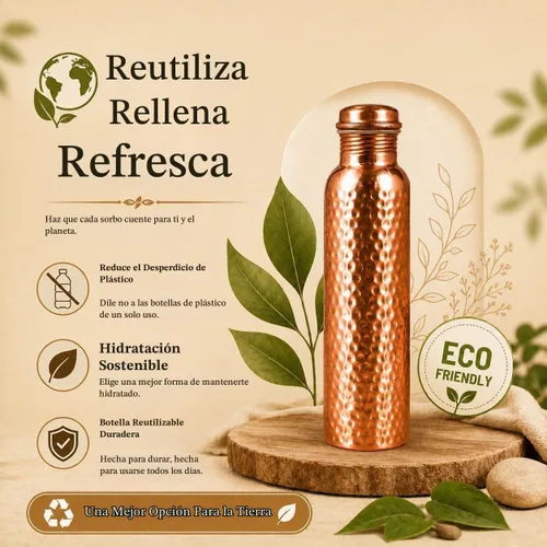 Vista 4 de Botella de agua 99.97% de cobre puro, botella reutilizable de alta calidad para agua potable, diseño resistente a las fugas, vasos tradicionales