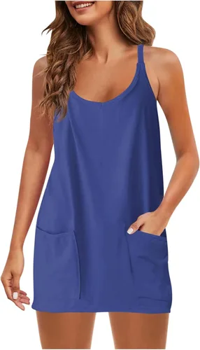 Vista 2 de Vestido de verano con pantalones cortos para mujer, vestido de entrenamiento de tenis, vestido corto sin mangas, tirantes delgados, conjuntos