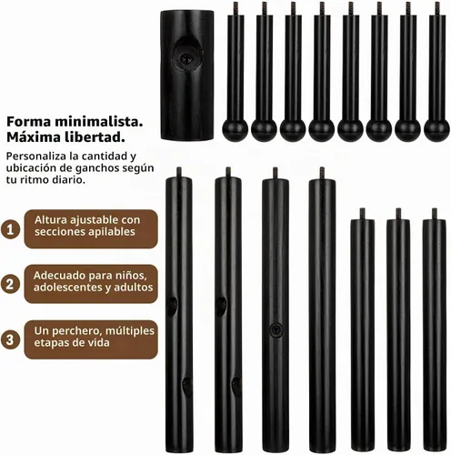 Vista 5 de Perchero de madera independiente, altura ajustable, soporte de madera maciza con 8 ganchos de extremo de bola, base de trípode estable, árbol