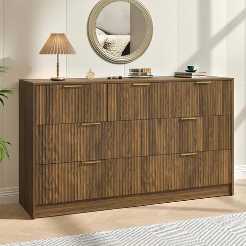 Vista 22 de Cómoda negra con 6 cajones profundos, cómoda acanalada de 55" de ancho para dormitorio con tirador dorado, cómoda moderna para armario, dormitorio