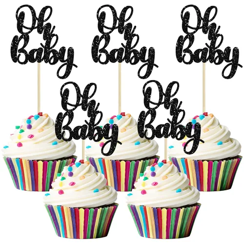 Vista 19 de Gyufise 36 piezas Adornos para cupcakes Oh Baby con moño azul y rosa, brillante dorado, adornos para cupcakes de baby shower, adornos para cupcakes