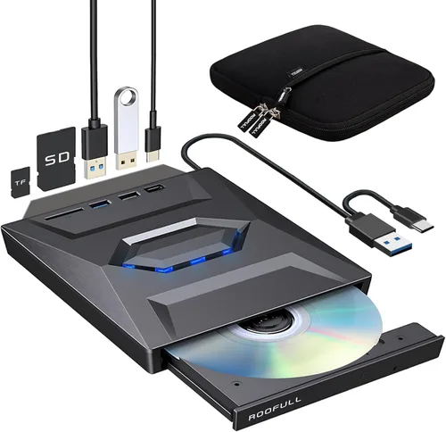 Vista 14 de ROOFULL Unidad externa de CD/DVD USB 3.0 y USB-C, ultrafina de 0.5 pulgadas, reproductor de CD y DVD de alta velocidad, grabador para computadora