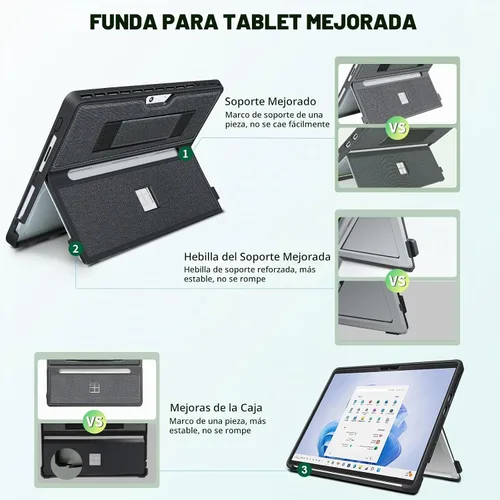 Vista 4 de Funda para Microsoft Surface Pro 11/10/9/8 de 13 pulgadas, con cubierta de stent y correa de mano, todo en uno a prueba de golpes, funda resistente