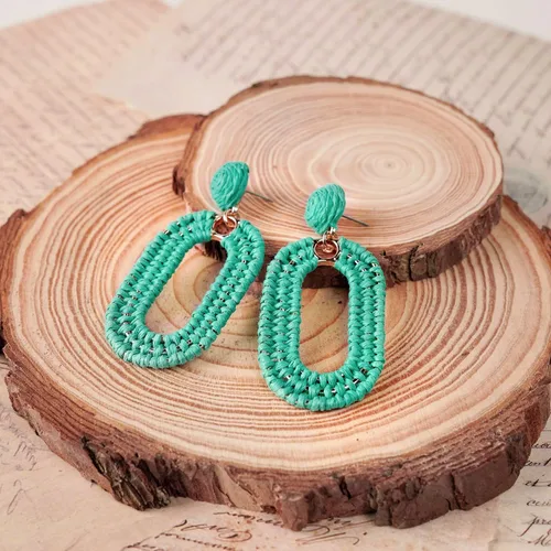 Vista 3 de SELFWIMG Pendientes de rafia llamativos aretes bohemios geométricos ovalados para playa de verano