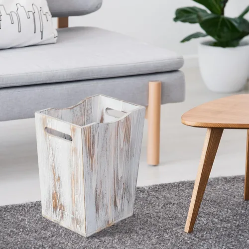 Vista 2 de Papelera rústica de madera estilo granja con dos asas recortadas para dormitorio, sala de estar, baño y oficina, contenedor de basura (blanco lavado)