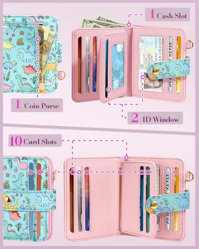 Vista 3 de Bistup Cartera para Mujeres Pequeña y Bonita Cartera de Tarjetas de Cuero Genuino RFID con Llavero para Damas Adolescentes Niñas Plegable