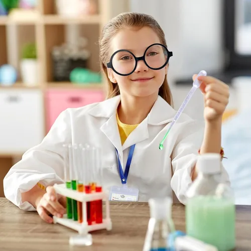 Vista 6 de UNGLINGA Abrigo de laboratorio para niños disfraz de científico juego de rol para niños y niñas, con gafas protectoras, gafas, tarjeta