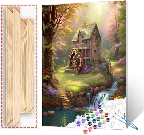 Vista 21 de Tucocoo Pintura de cabaña forestal por números para adultos, kits de pintura al óleo digital sobre lienzo con pinceles y pigmento acrílico, rueda