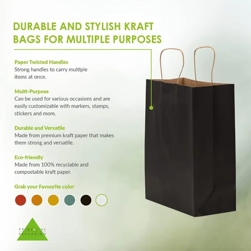 Vista 2 de Prime Line Packaging Bolsas de papel negro, bolsas de regalo de papel kraft medianas con asas, pequeñas empresas, compras, boutiques, venta al por