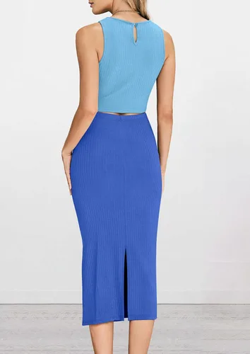 Vista 8 de PRETTYGARDEN Conjunto de 2 piezas de verano para mujer, cuello redondo, sin mangas, con abertura, falda midi