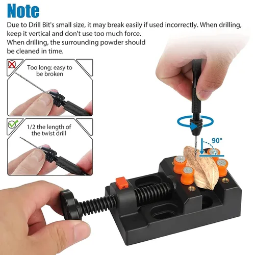 Vista 4 de Juego de 60 taladros manuales con tornillo de banco, micro mini brocas helicoidales, herramienta de tornillo de banco para resina y madera, joyería