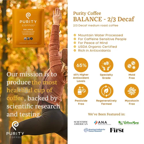 Vista 3 de Purity Coffee BALANCE 2/3 Café Descafeinado de Tueste Medio Paquetes de Una Sola Porción (Sobres de 5 unidades) – Descafeinado Procesado con Agua