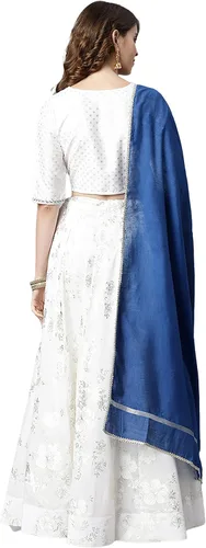 Vista 6 de Janasya Lehenga Choli de poli seda blanca con Dupatta para mujer, Blanco